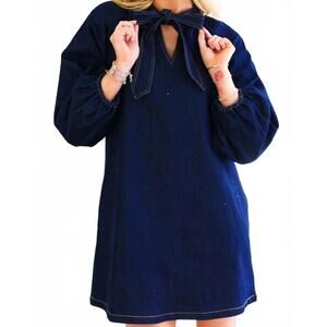 NEW ABLE bow tie collar long sleeve dress in dark denim